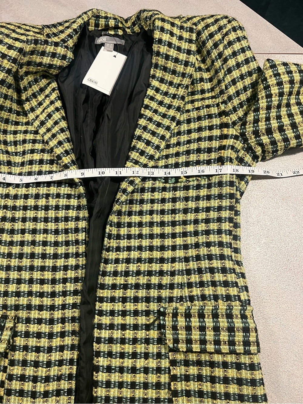 NWT, ASOS, Yellow Black Bouclé Tweed Plaid Longline Blazer Jacket,Plaid, Size 0 - Picture 9 of 10
